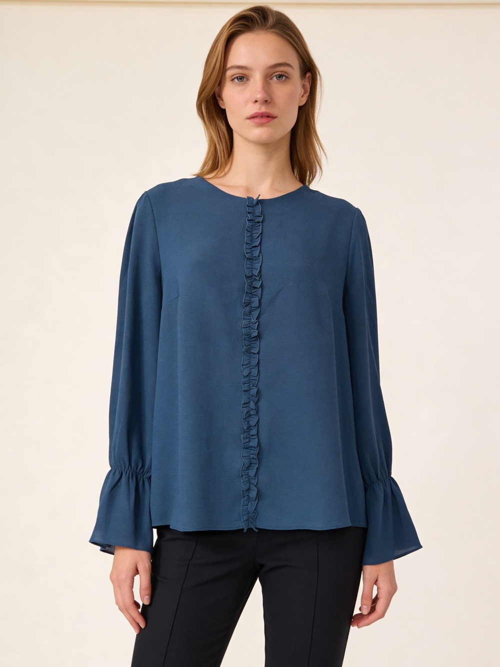 Ann Taylor Ruffle Front Bell Sleeve Blouse Blue Medium Career Top
